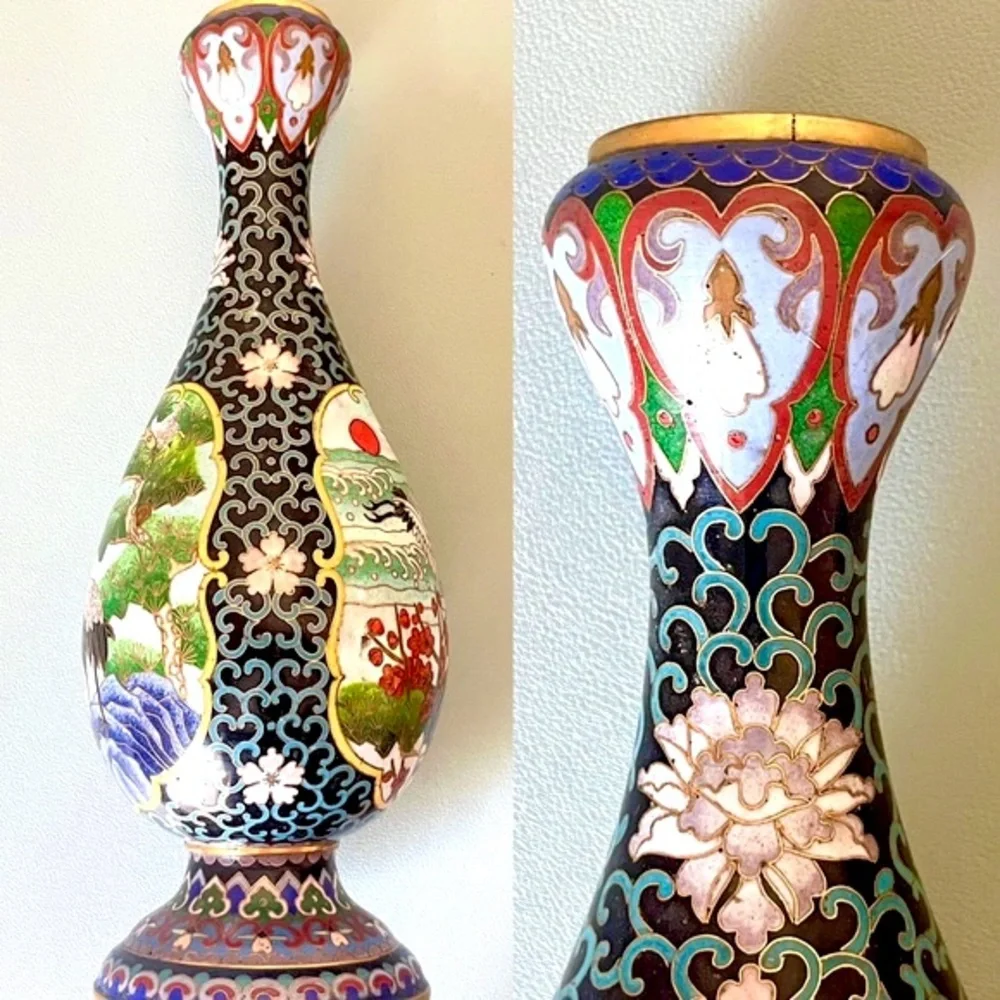 Antique Chinese Cloisonné Vase Colorful Enamel Crane Egret Birds Cherry Blossoms